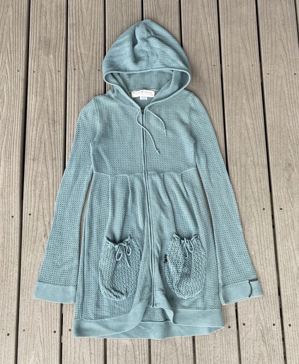 Project e Vintage Women’s Medium Aqua Crochet Knit Hooded Cardigan Tunic Cotton